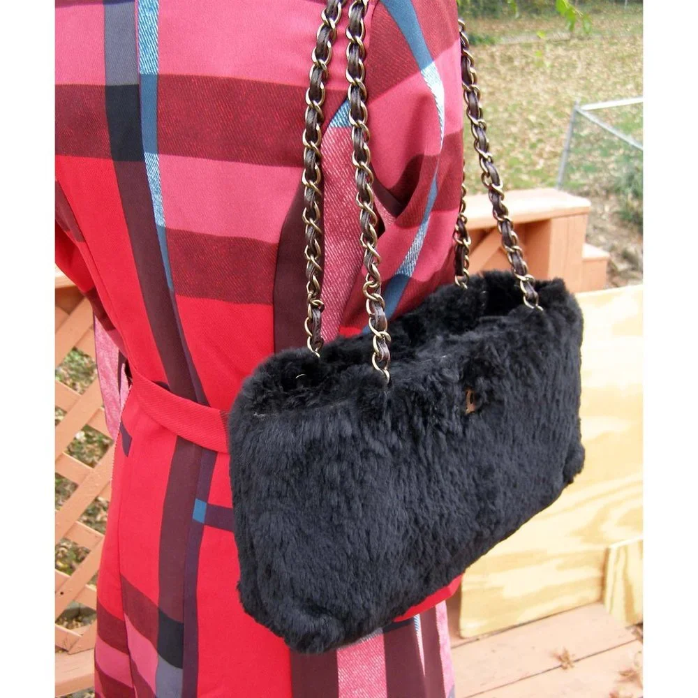 RARE CHANEL Black Fur Shoulder Bag Chain Straps CC